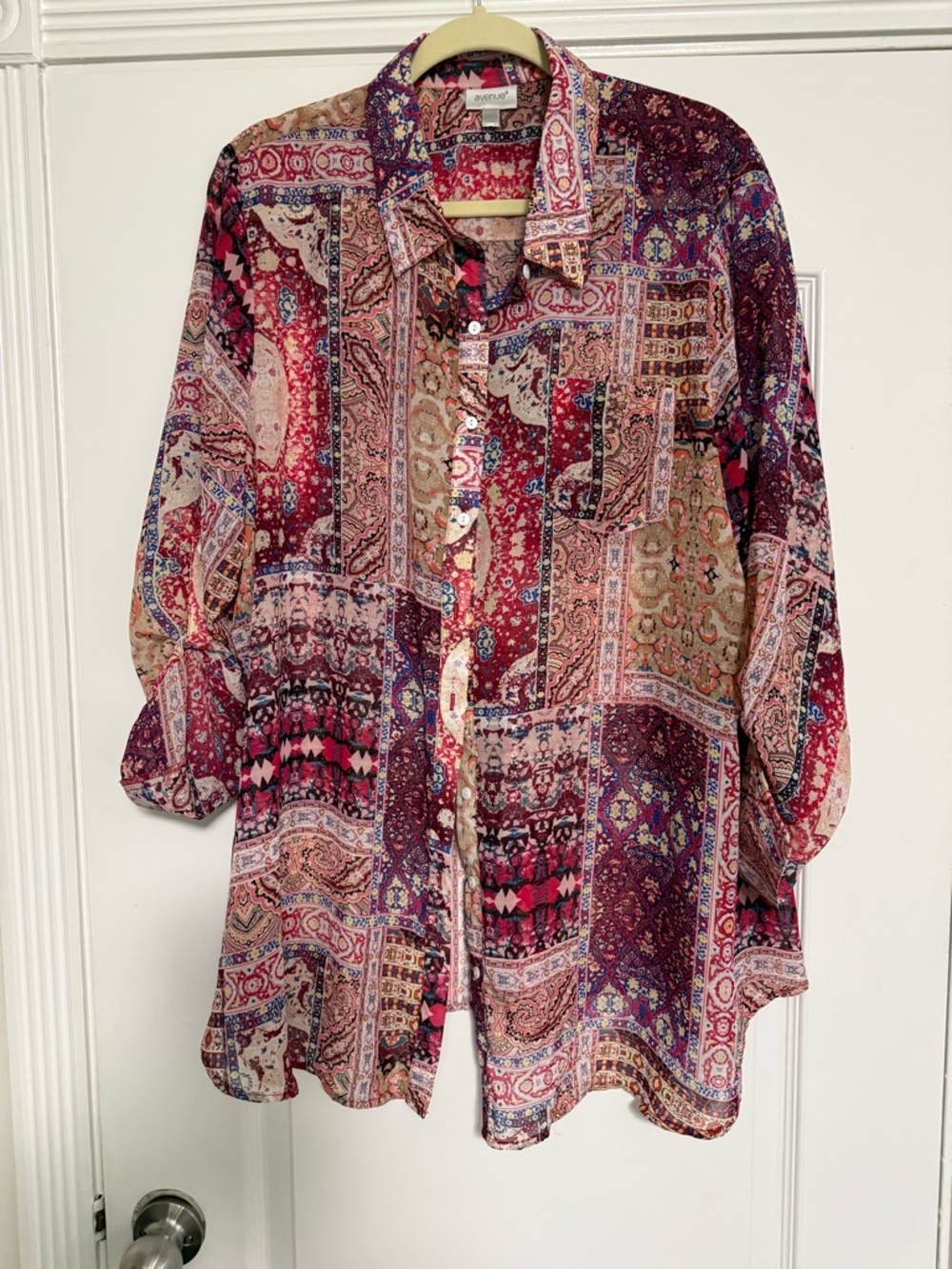 Avenue Pink, Blue & Cream Paisley Button-Up Blouse